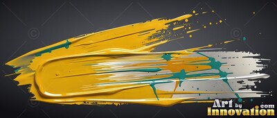 Against a dark backdrop, thick yellow paint streaks across with teal splatters