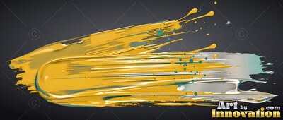 Sweeping across dark gray, a thick yellow paint stroke trails into silver splashes