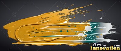 Thick teal paint mixed with gold paint stroke with splatters on gray