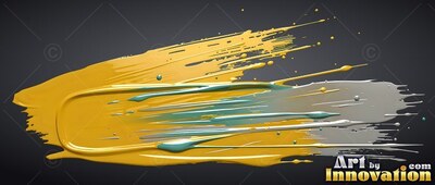 Glossy yellow and teal paint streaks sweep across a dark gray surface