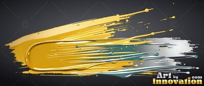 Thick wet gold paint sweeps across the dark space, catching bright white highlights along wet ridges