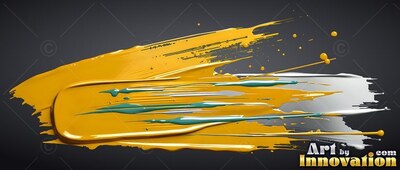Thick yellow and silver paint sweeps sideways over dark gray with teal streaks