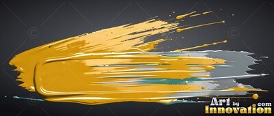On a dark gray backdrop, thick yellow paint smears over wet silver streaks