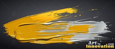 Sweeping across black, thick strokes of yellow and silver paint taper out into dry streaks