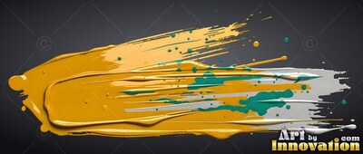 Raised ridges of yellow paint sweep across a smooth dark background with splashes of green