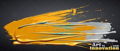 Thick yellow paint smears horizontally over silver streaks on a dark gray surface