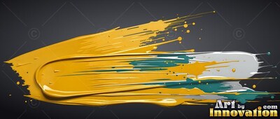 Sweeping horizontally across black, yellow paint smears beside white and teal streaks