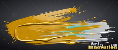Dense gold paint sweeps across a dark background with white and blue smears