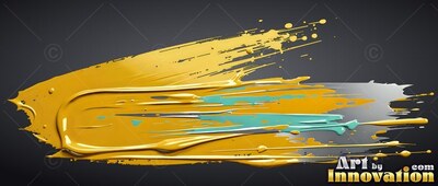 On a dark background, thick yellow paint sweeps across with teal streaks