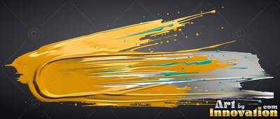 Sweeping across dark gray, a thick yellow paint stroke trails teal and silver splatters