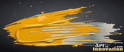 Thick yellow and silver paint swept across a shadowed background