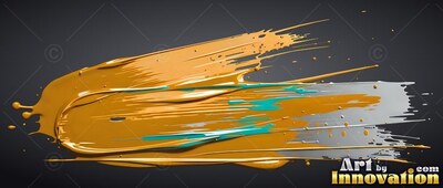 Glossy metallic gold paint sweeps with teal streaks across a deep gray background