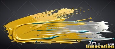 Thick yellow paint smears horizontally across dark gray with glossy white streaks