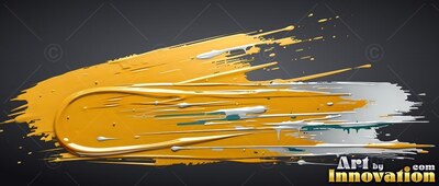 Streaking horizontally along a dark gray backdrop, glossy yellow glossy gold paint sweeps
