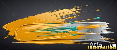 A thick yellow paint swipe layered with white and teal streaks on black