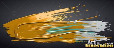 On a dark gray backdrop, thick gold paint smears across white and teal streaks