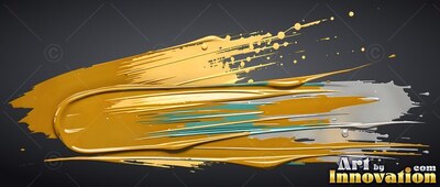 Sweeping across dark space, thick metallic gold paint mixes with gray and blue streaks