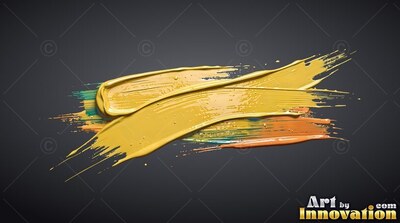 Thick yellow paint smears across a dark backdrop, reflecting soft light on its wet ridges
