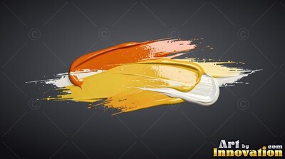 On a charcoal background, thick streaks of orange, yellow, and white paint brush across