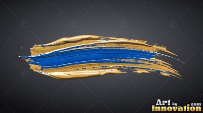 Stretched horizontally across a gray backdrop, a thick blue and metallic gold paint swipe