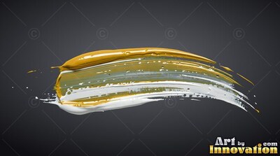 A thick smear of yellow gold and white paint sweeps over dark gray backdrop