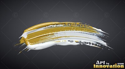 On a dark gray backdrop, a curved stroke of thick gold and white paint arcs horizontally