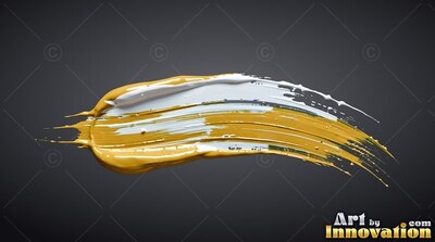 Curving horizontally, a thick brushstroke of glossy yellow and white paint sweeps across gray