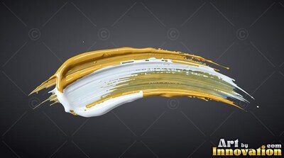 A curved stroke of thick white and yellow paint on dark gray