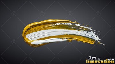 A thick stroke of gold and white paint sweeps across a dark gray background