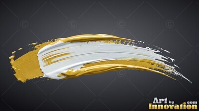 Curving sideways over dark gray space, a sweep of white and yellow-gold paint