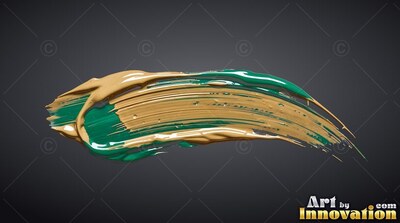 A thick smear of shiny gold and green paint curves across a gray background