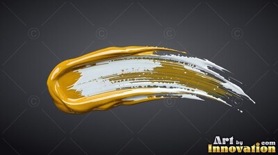 Against a dark gray backdrop, a thick stroke of gold and white paint sweeps across