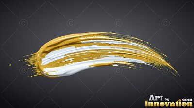 Curving across a dark gray backdrop, a thick stroke of gold and white paint tapers to fine streaks