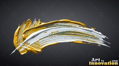 Thick curved stroke of white and yellow paint on dark gray