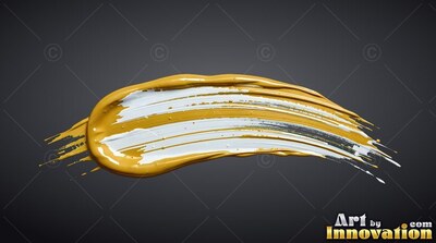 Thick ridges of glossy gold and white paint curve across a smooth charcoal background