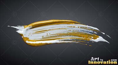 A thick paint stroke sweeps horizontally, blending glossy gold and white across gray