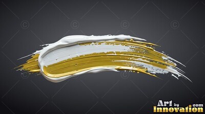 A thick brushstroke of white and glossy gold paint sweeps across a deep gray background
