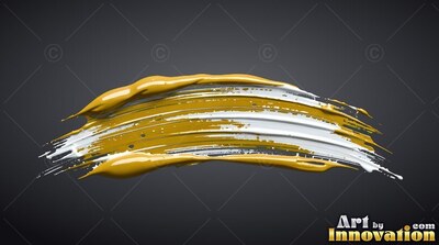 On a charcoal background, a curved stroke of glossy gold and white paint sweeps across