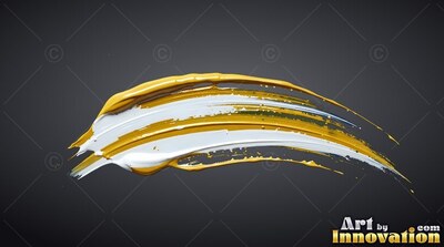 Curving across gray, a thick stroke of yellow and white paint tapers to fine lines