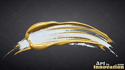 Curved bands of thick yellow and white paint sweep horizontally over a dark backdrop