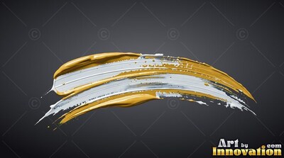 A thick paint stroke curves across dark gray, layered with glossy yellow and white ridges