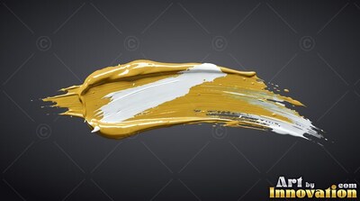 Sweeping horizontally against dark gray, a thick smear of yellow and white paint