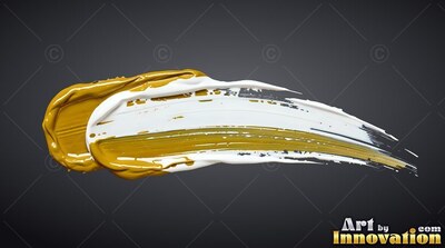 A thick swipe of gold and white paint sweeps across a dark gray background