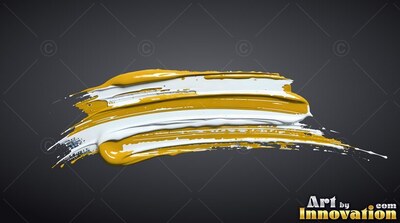 On a dark gray backdrop, thick stripes of wet white and yellow paint sweep across