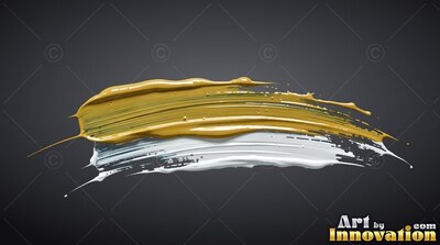 Sweeping along a dark gray backdrop, heavy gold and white paint strokes merge together