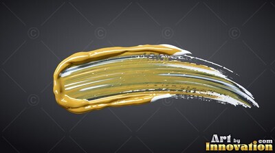 Thick yellow-wet gold paint sweeps along a dark gray backdrop, ending in white edges