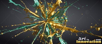 Gold paint and teal paint bursts outward from the center, shining under bright light against black