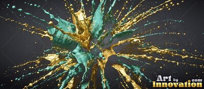 Bursting outward on black, thick gold and turquoise paint splatters