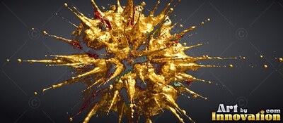 Heavy gold paint bursts outward into pointed drops against a deep gray background