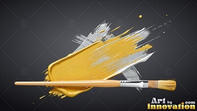 On a charcoal background, a paintbrush lies across gold and silver sweeps of paint